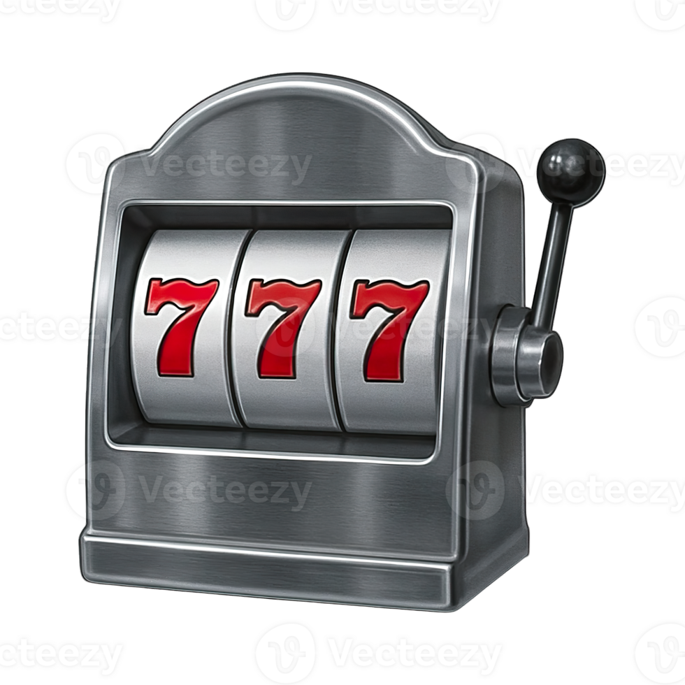 Silver slot machine with triple seven jackpot isolated on transparent background, png