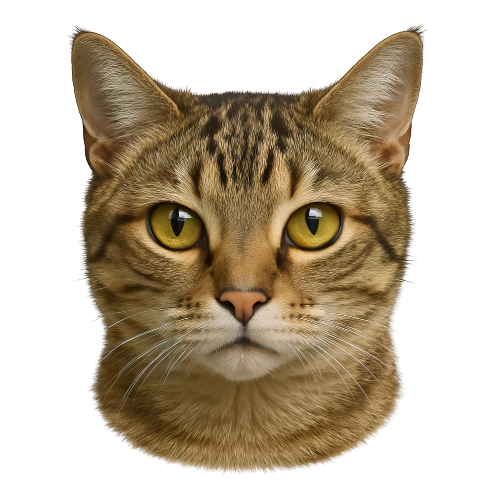 Realistic Tabby Cat Head with Yellow Eyes Isolated on Transparent Background, png