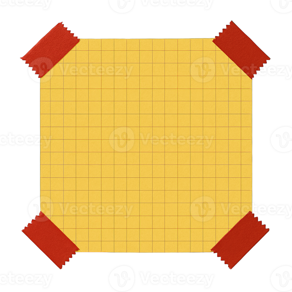 yellow grid paper taped with red washi tape isolated on transparent background png