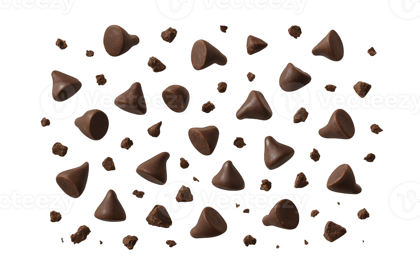 chocolate chips and crumbs scattered isolated on transparent background png
