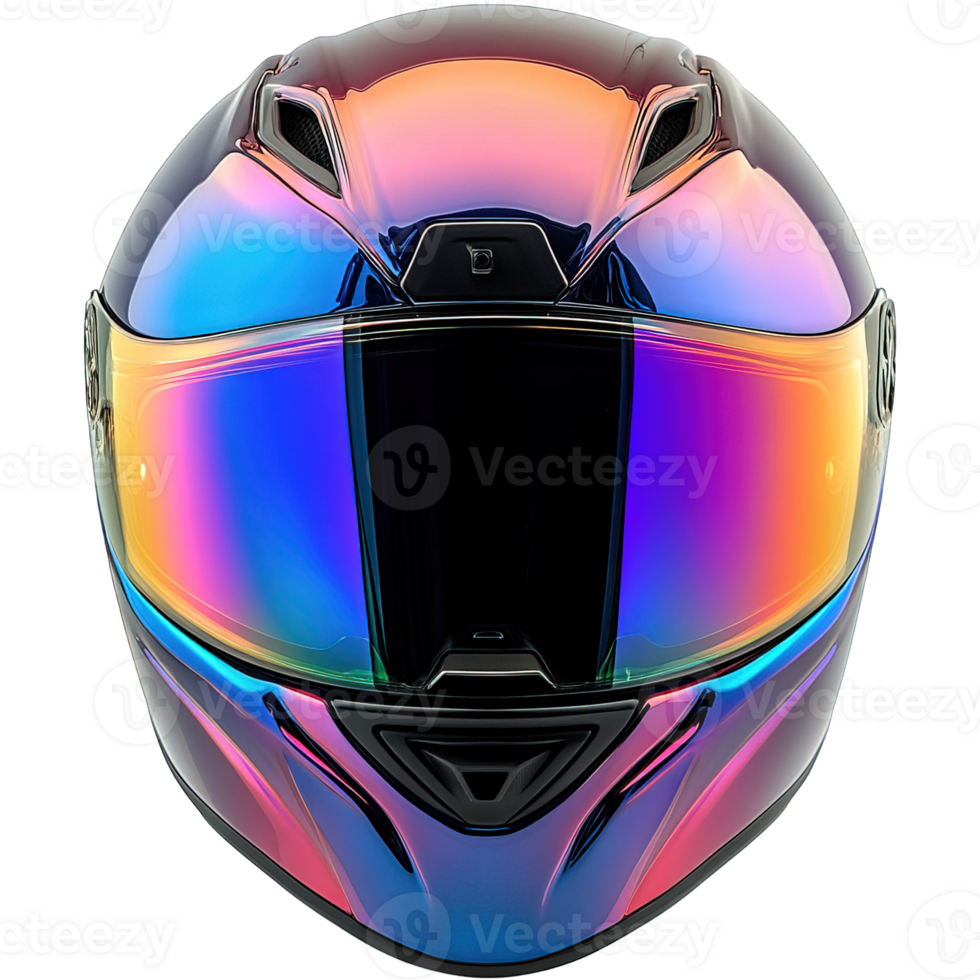 Futuristic Motorcycle Helmet with Gradient Rainbow Visor, Front View, Isolated on Transparent Background png