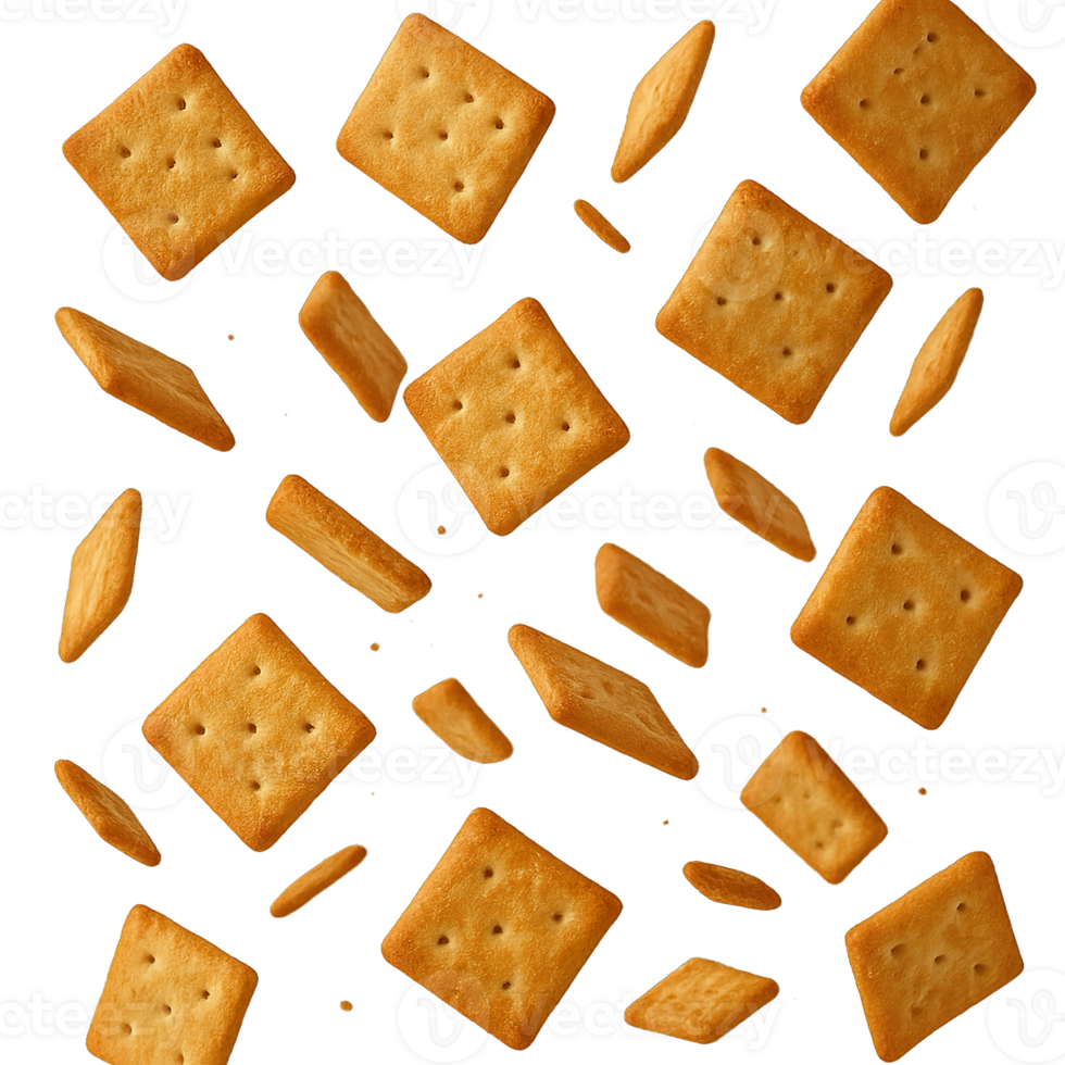 flying square crackers scattered isolated on transparent background png