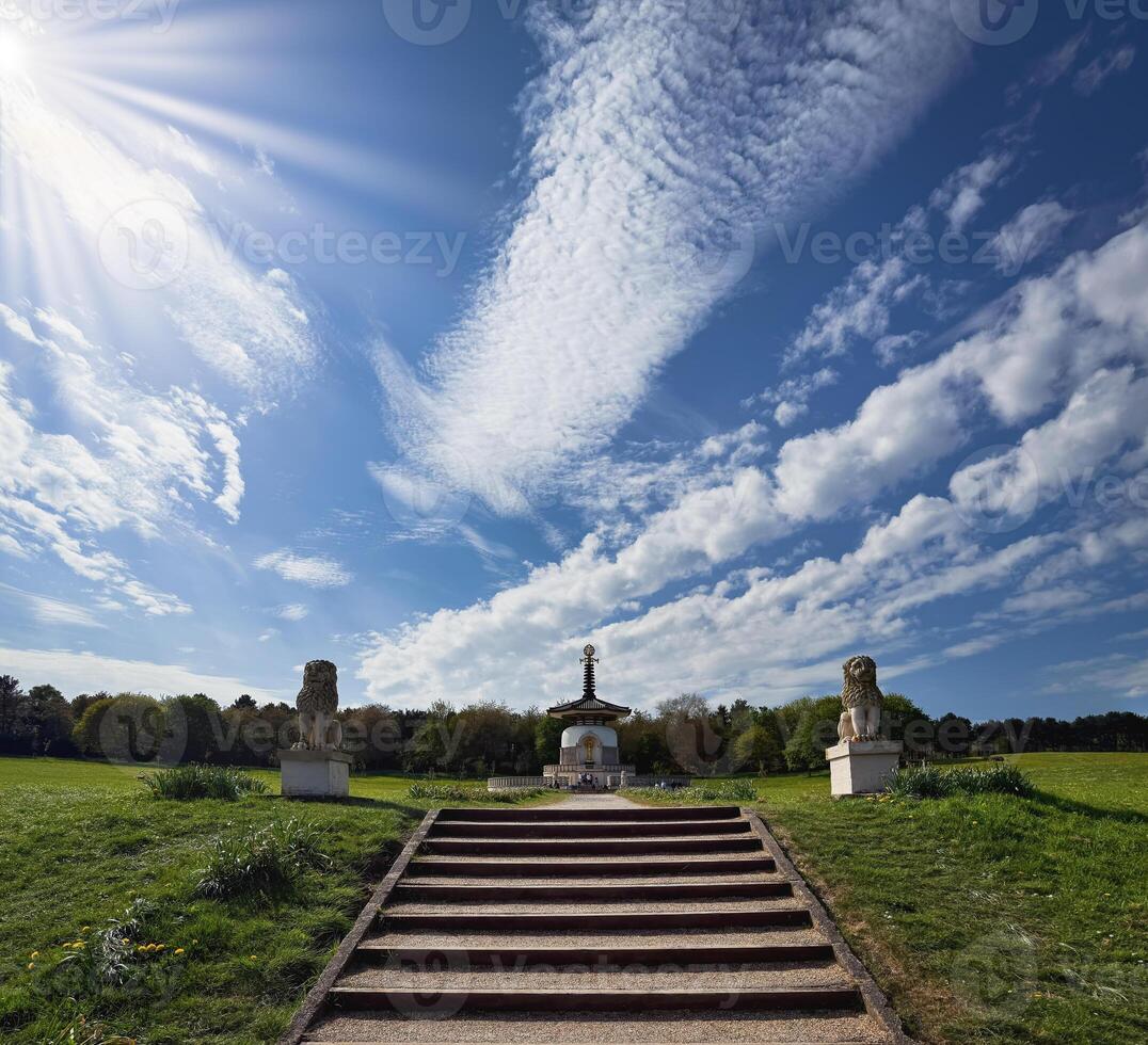 Peace Pagoda at Willen Lake Park on a Sunny Day in Milton Keynes, UK photo