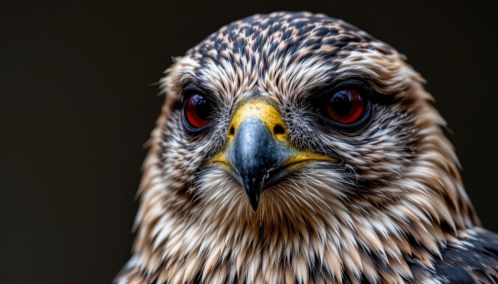 Close up of falcon on dark background, sharp eyes and feathers in dramatic photo style