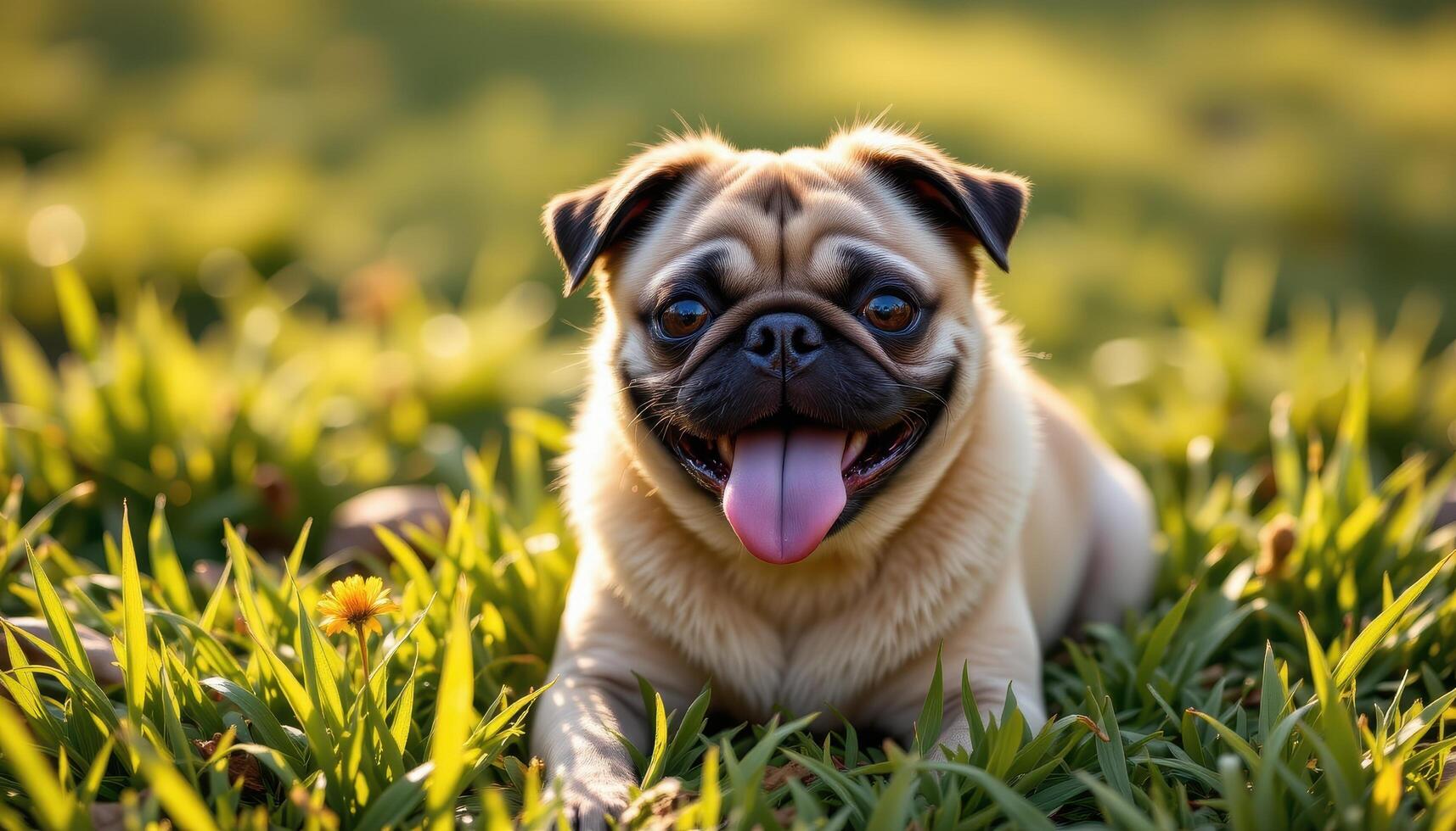 Portrait of a cute pug sitting on meadow grass, tongue out and bathed in soft golden sunlight, charming pet photography. photo