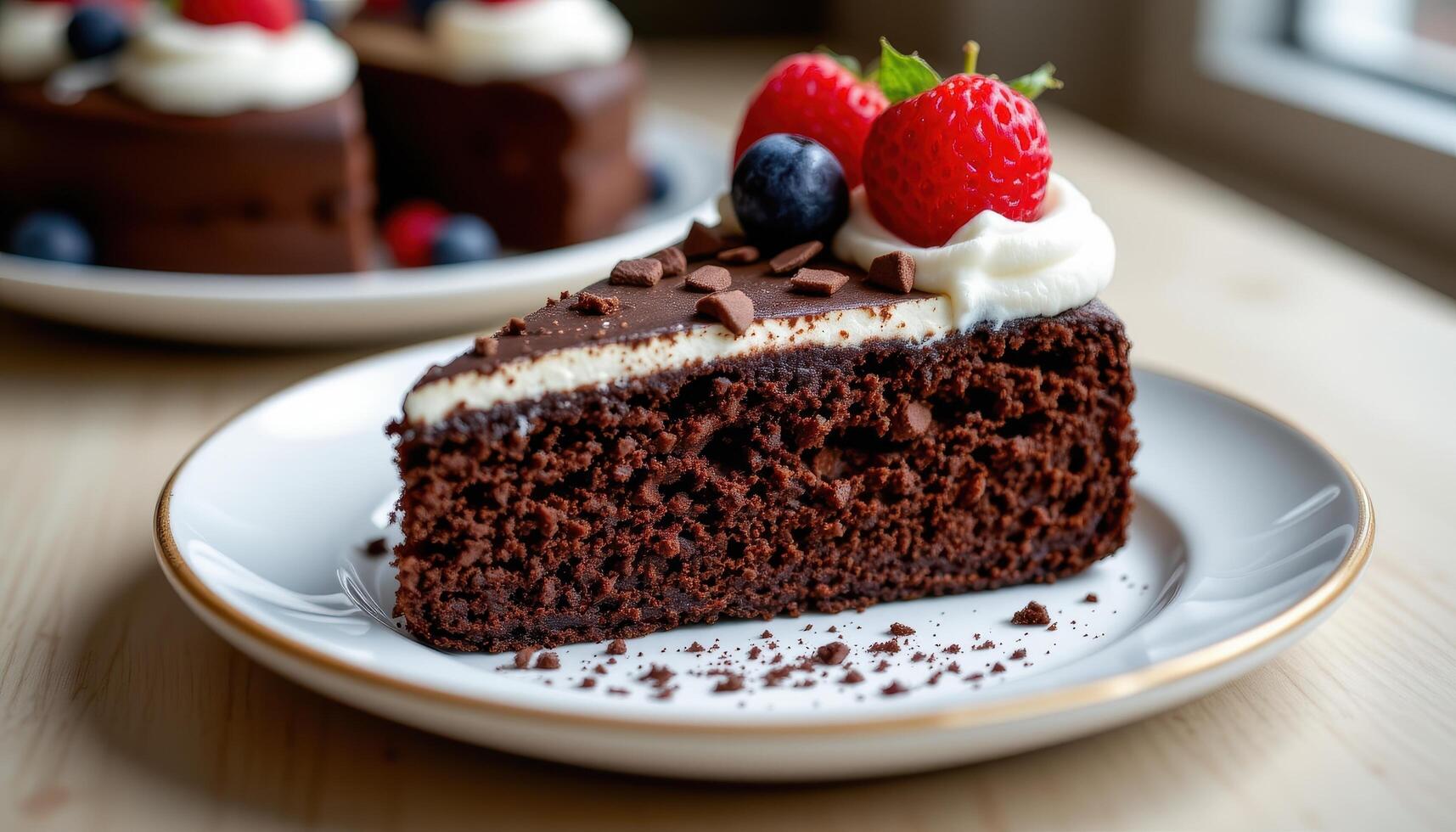 Rich slice of homemade chocolate cake adorned with whipped cream and fresh berries photo