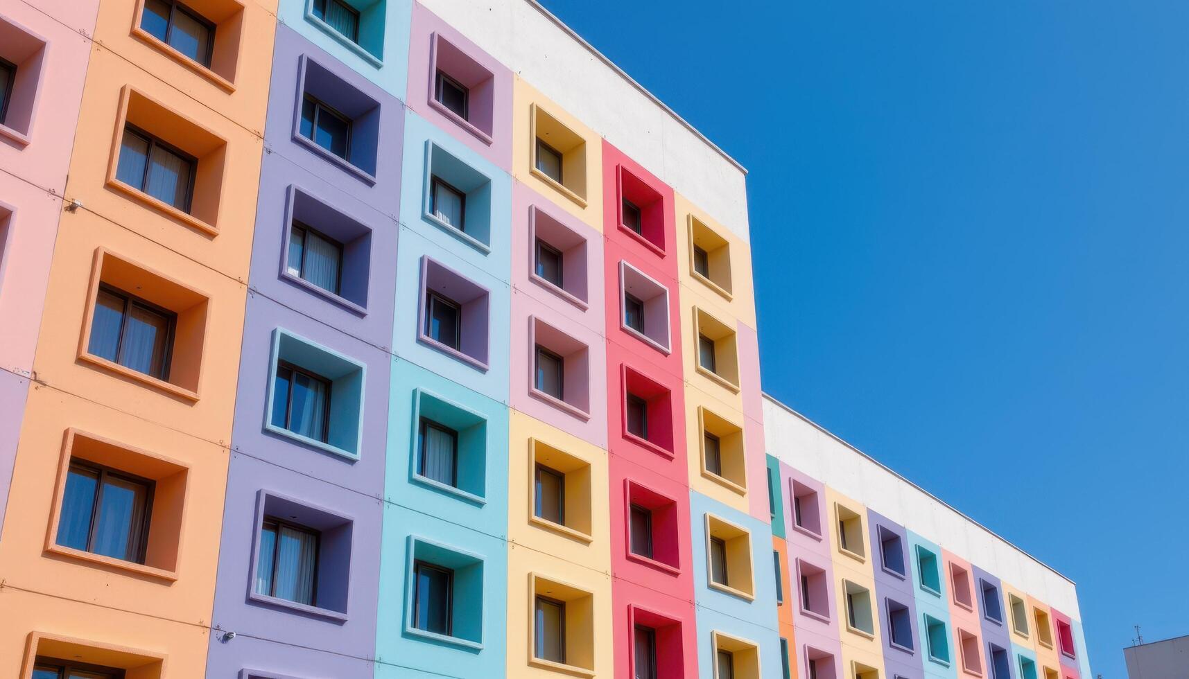 Colorful modern building with repeating square windows, bold pastel architecture and clear blue sky, minimal composition photo. photo