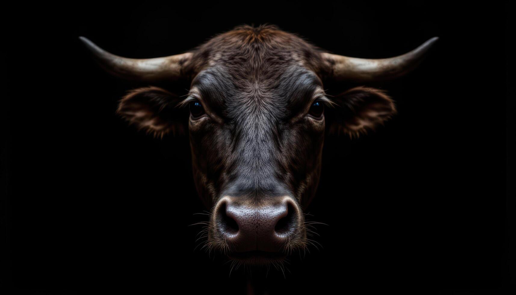 Close up portrait of bull looking at camera, dramatic lighting on black background, intense animal expression photo