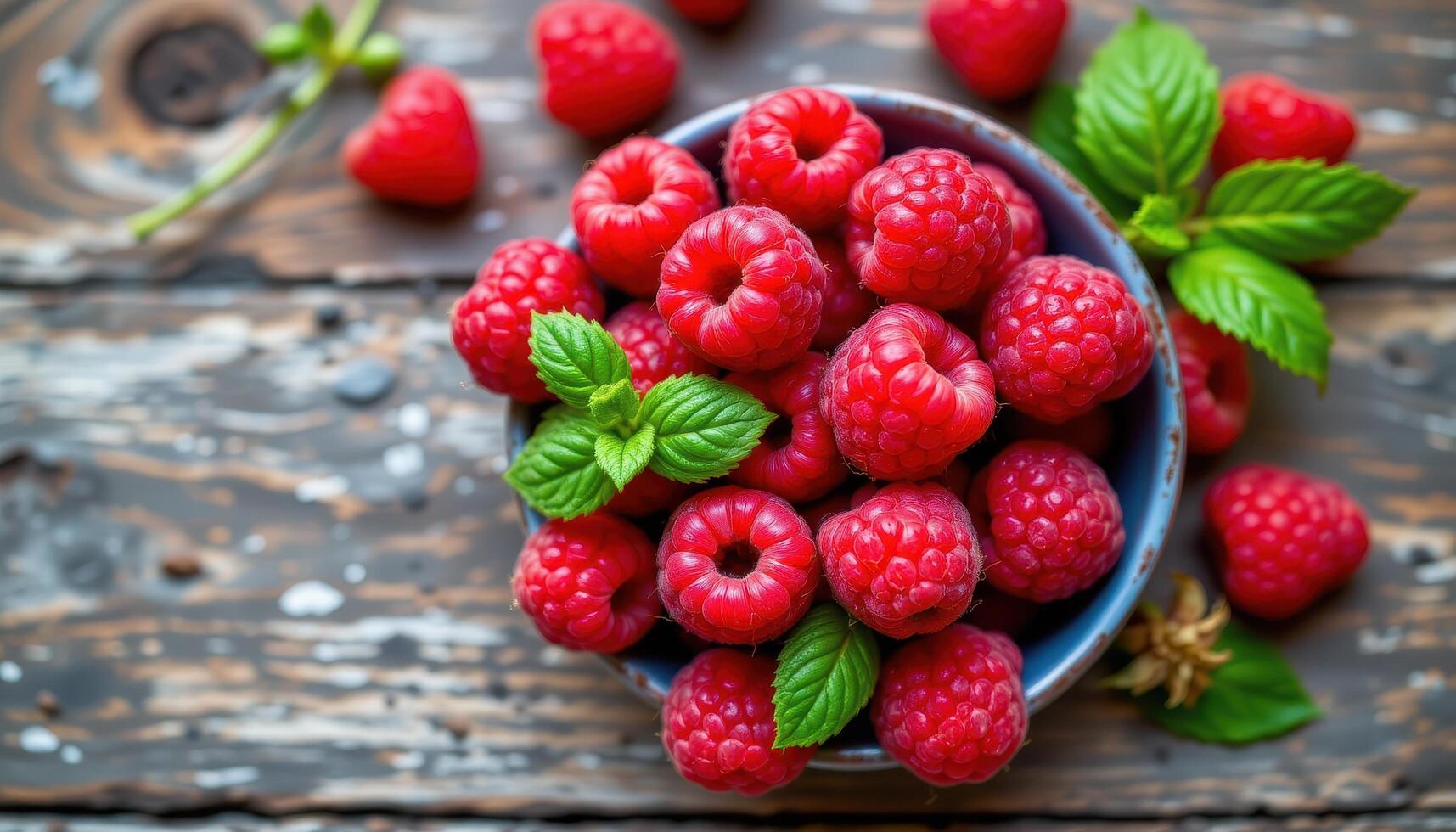 top view of delicious fresh raspberries in vibrant color, rustic background, summer fruit bounty concept, macro food photography photo