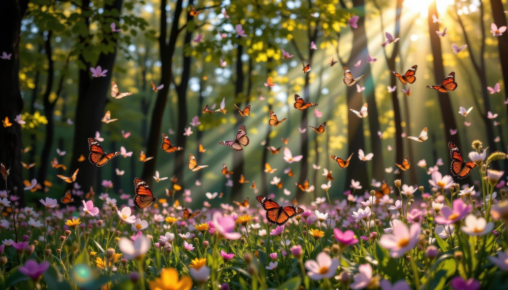flock of butterflies flying through a sunlit forest, magical dreamy atmosphere, soft light beams through trees photo