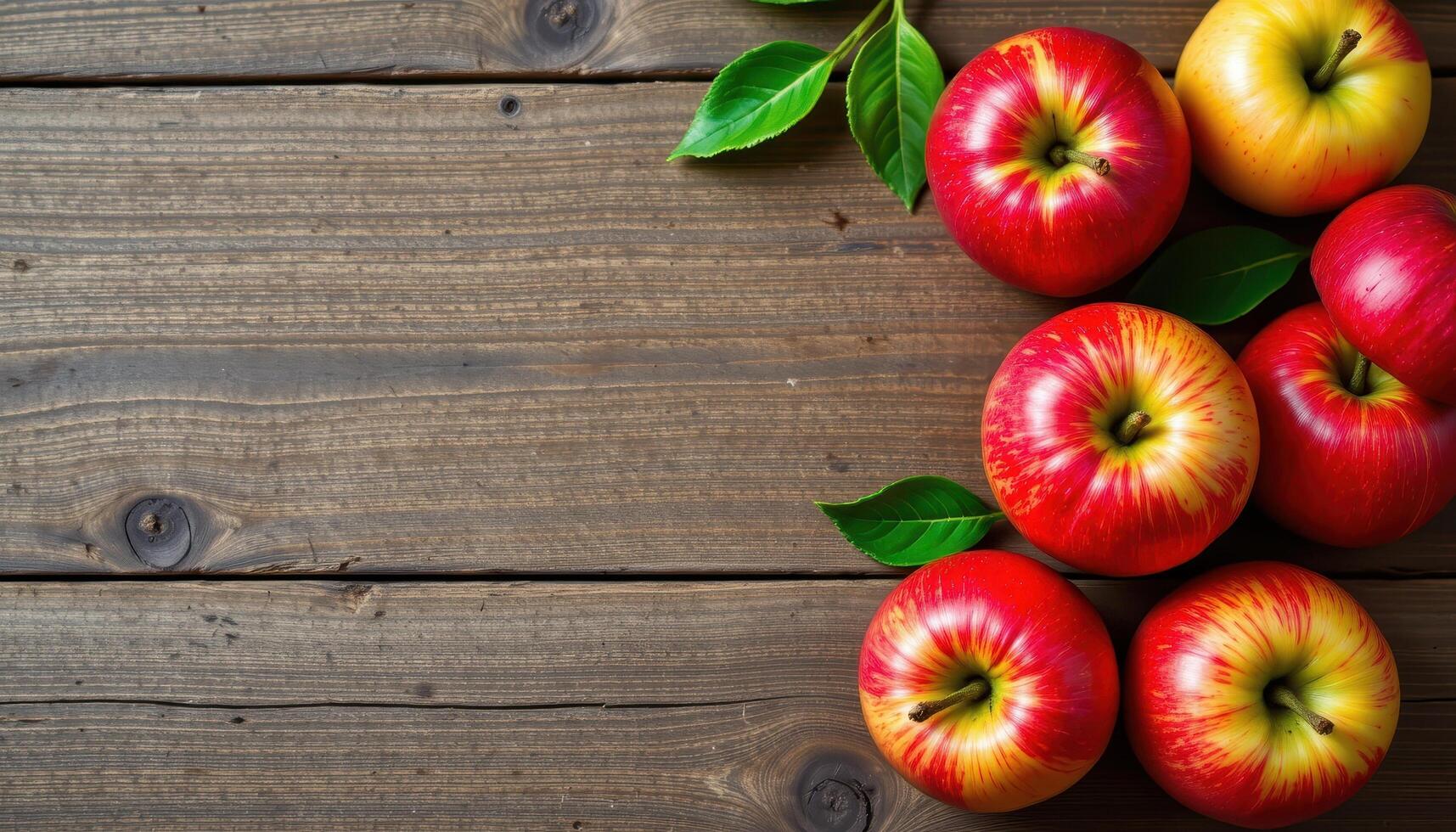 Top view of red and green apples on wood table, clean organic layout photo