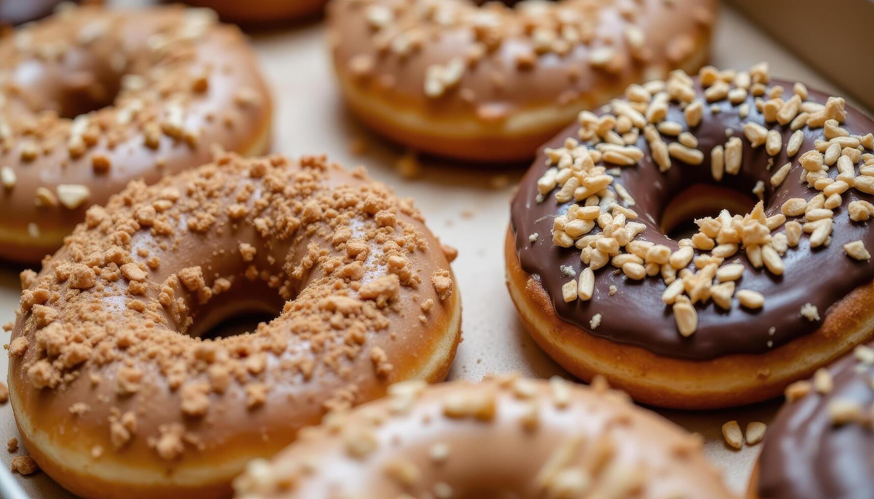 Ring doughnuts covered in icing and sprinkes and chocolate. photo. photo