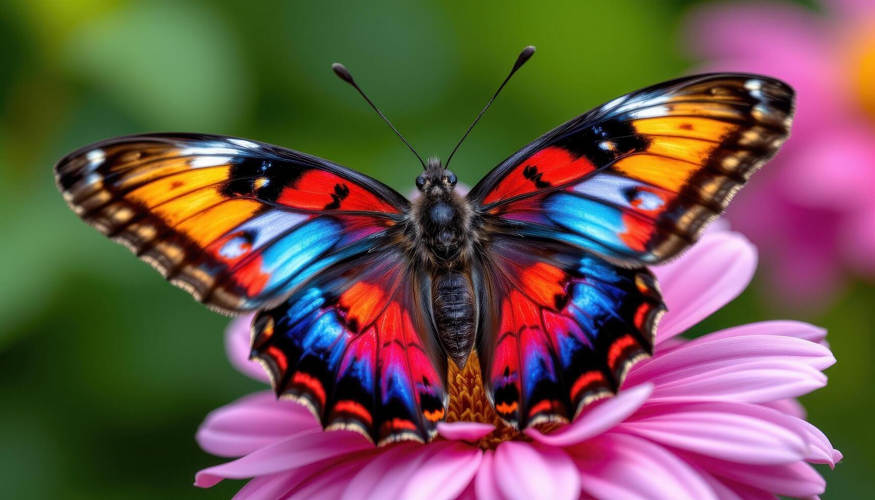 Multicolored butterfly resting on a flower, vibrant nature's gift captured in detail photo