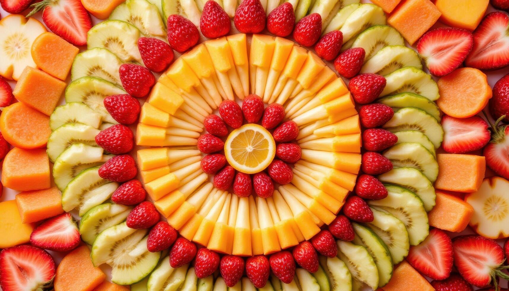 A colorful array of fresh fruit slices arranged in a pattern. photo. photo