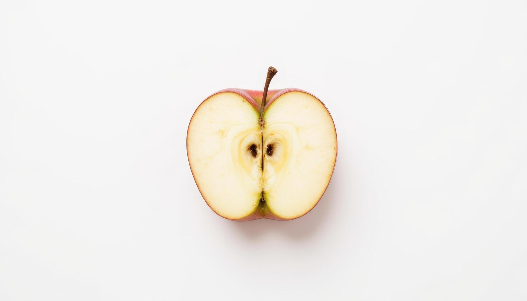Single perfectly sliced apple positioned in the center of the white background, background image photo. photo