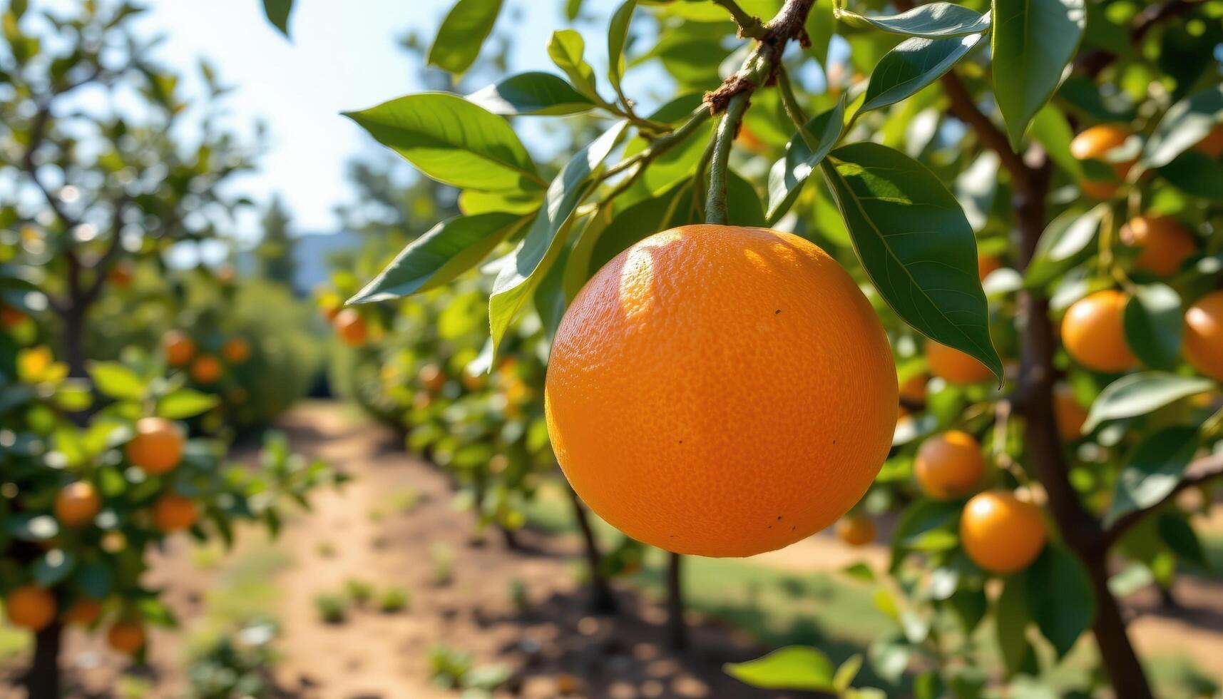 Orange fruit hanging on tree in natural sunlight, citrus freshness in orchard photo