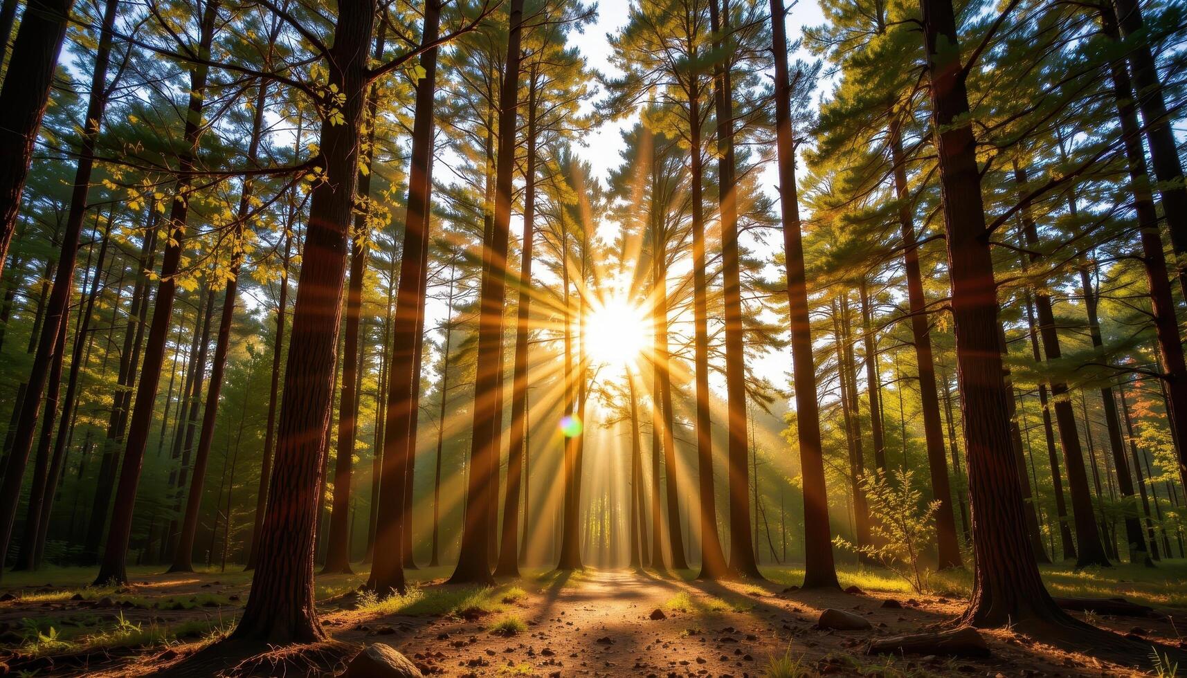 Sunlight through forest trees creating glowing natural archway photo