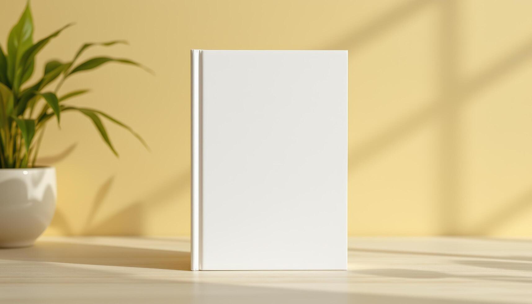 Minimalistic mockup of a blank white book cover placed against a sunny bright background photo