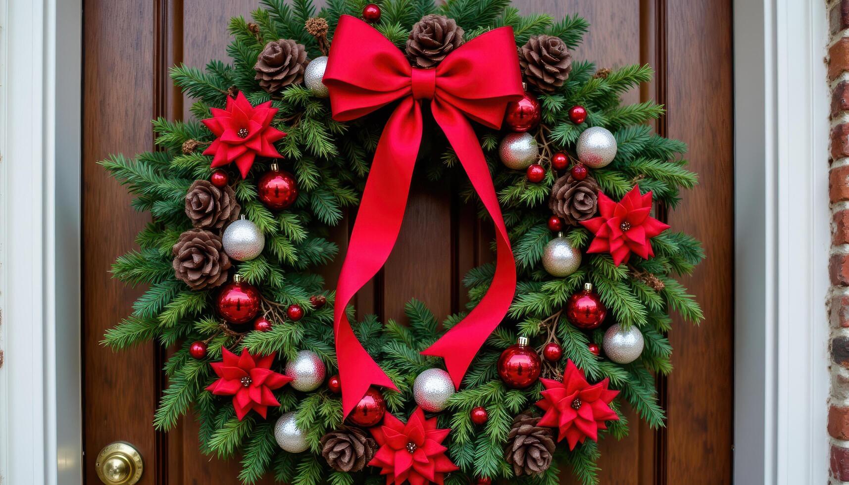 Holiday wreath adorned with red bows and festive greenery on a rustic wooden door. photo. photo
