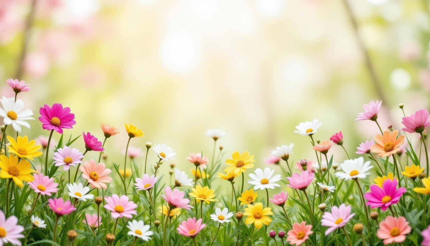 Spring meadow with mixed flowers, fresh bloom, sweet floral scent concept, pastel color palette, commercial photo