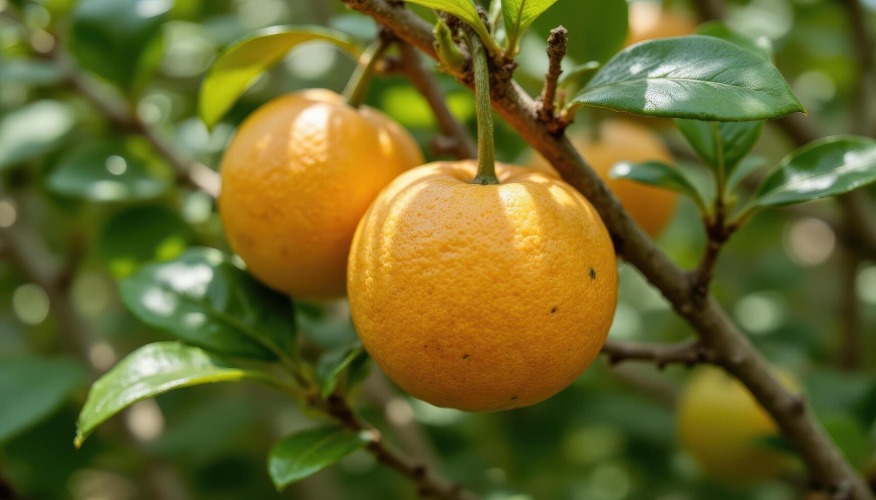 Citrus fruit ripening on tree branch with green leaves, fresh natural scene in soft morning light photo