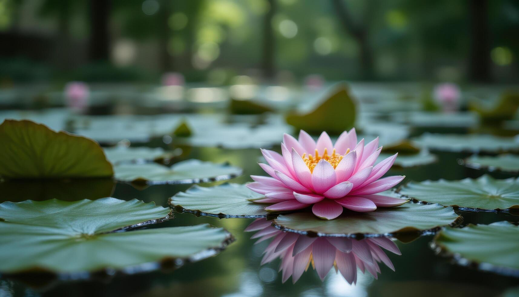 A floating lotus flower on the calm surface of a pond symbolizes the potential for transformation and spiritual growth through the photo
