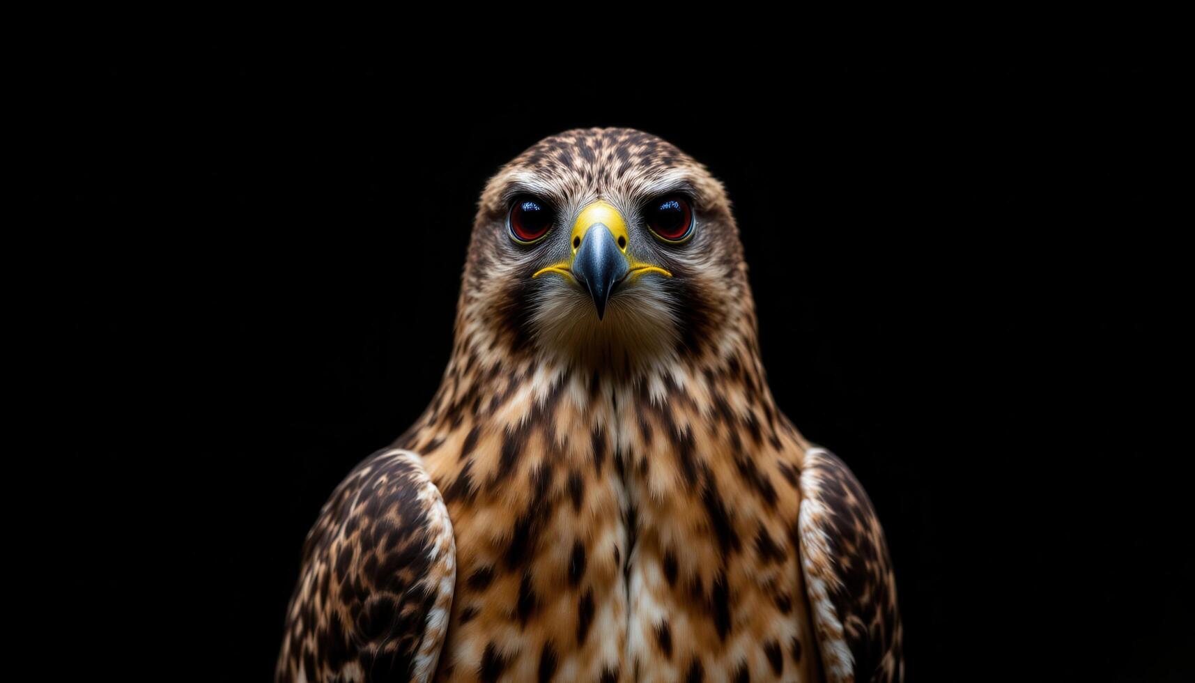 Intense Bird of Prey Gaze, Close Up of Red tailed Hawk's Eyes and Full Body on a Dramatic Black Background photo