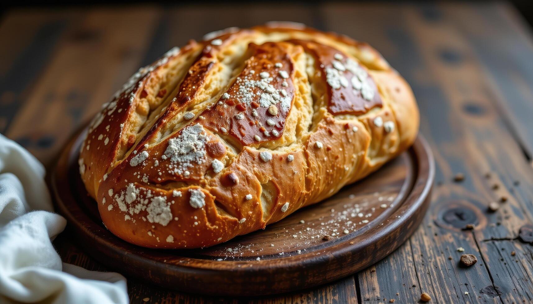 Rustic table featuring a freshly baked artisan bread loaf, warm and golden, ready to be enjoyed as a hearty gourmet meal. photo