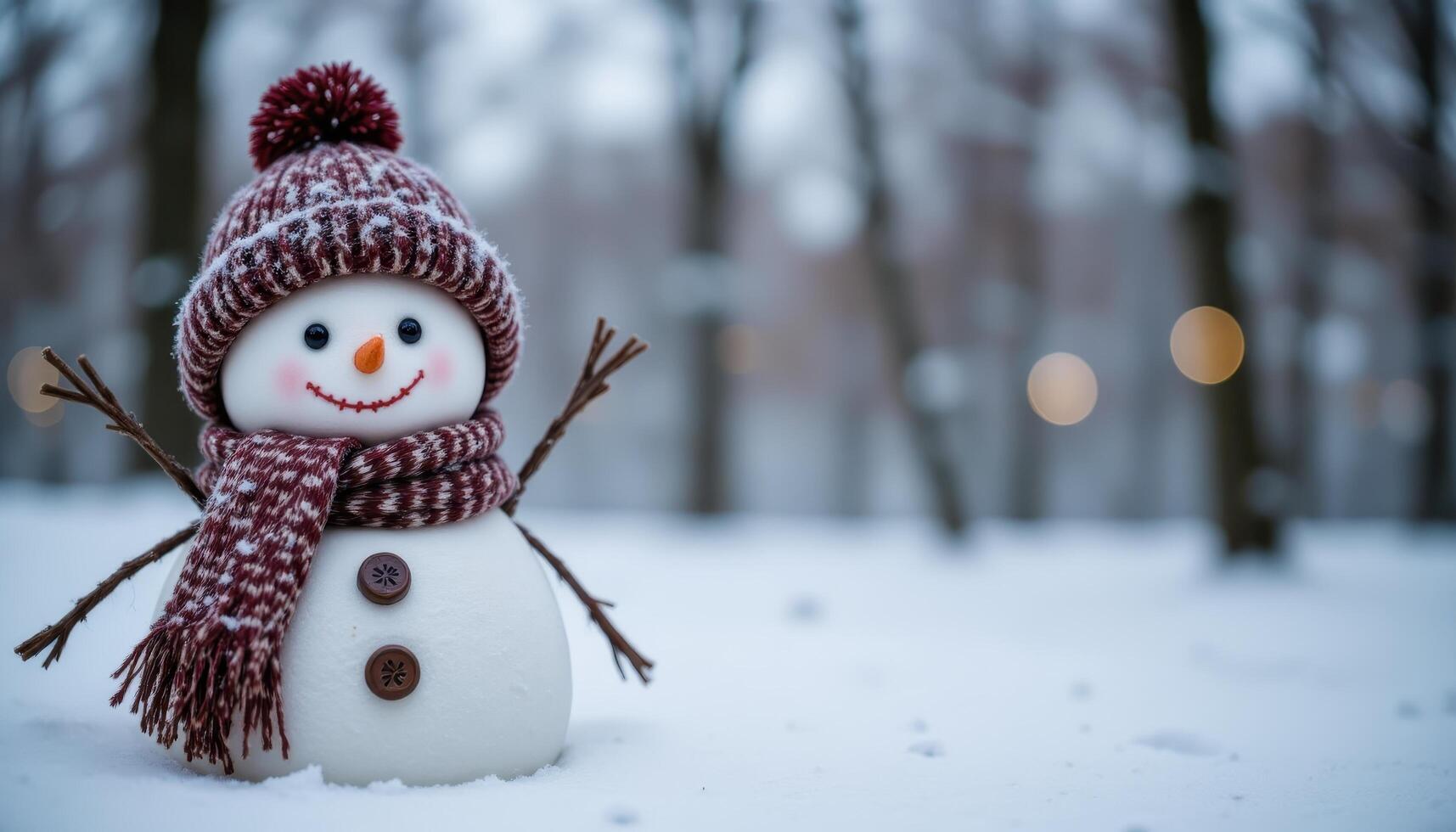 Winter holiday christmas background banner Closeup of cute funny laughing snowman with wool hat and scarf photo