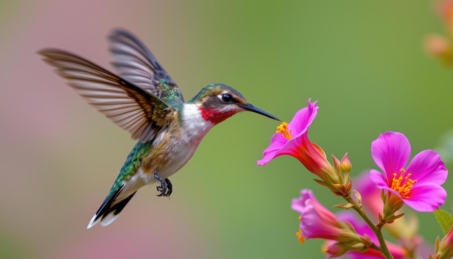 Scaly breasted hummingbird sipping nectar from flower bloom, wings caught mid motion in sharp detail, created with photo. photo