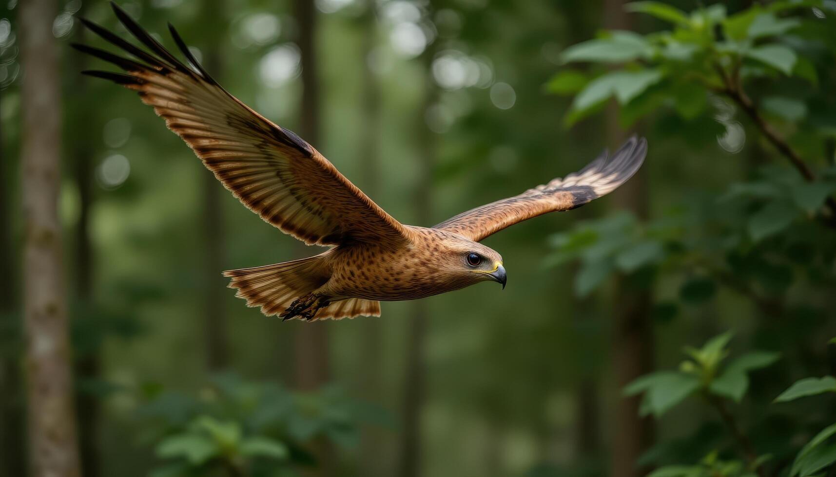 orange hawk in flight, gliding through green forest, majestic wildlife in motion photo