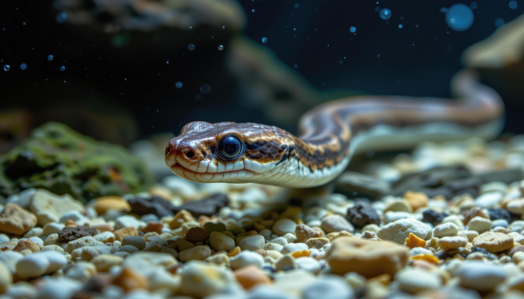 close up of a snake swimming through clear water in an aquarium, detailed ripples and sleek scales, exotic pet photo