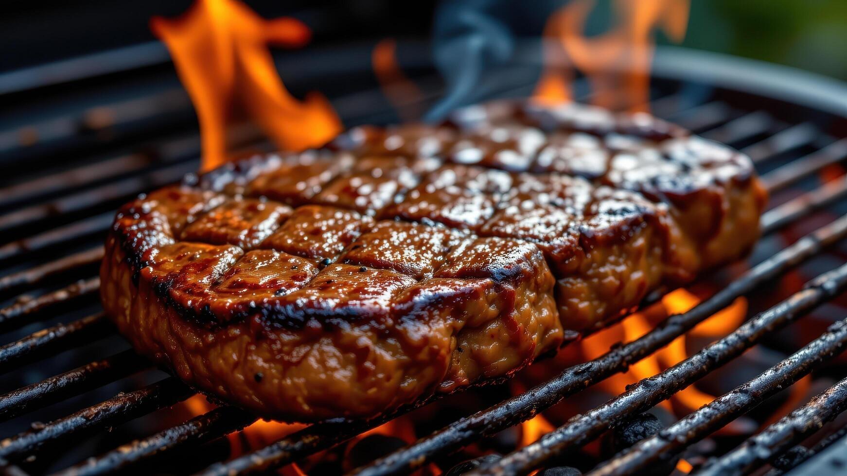 a thick, juicy steak sizzling on a grill, flames licking. photo