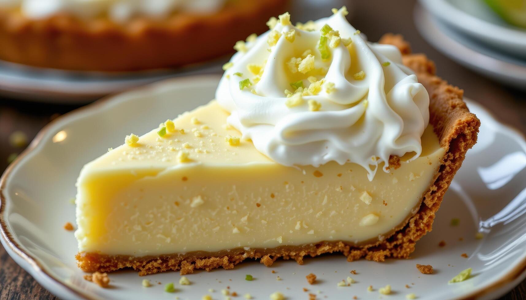 a slice of key lime pie on a graham cracker crust, garnished with whipped cream and lime zest. photo