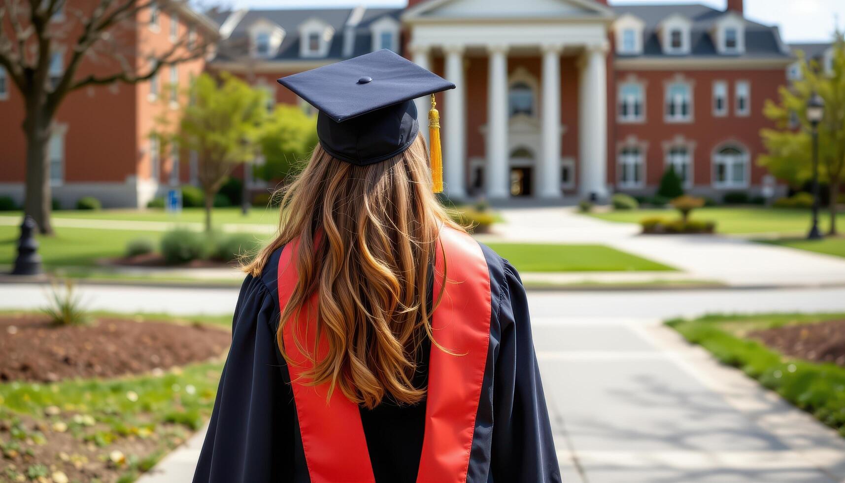 Rear view of a woman proudly wearing graduation attire, standing near a university campus photo