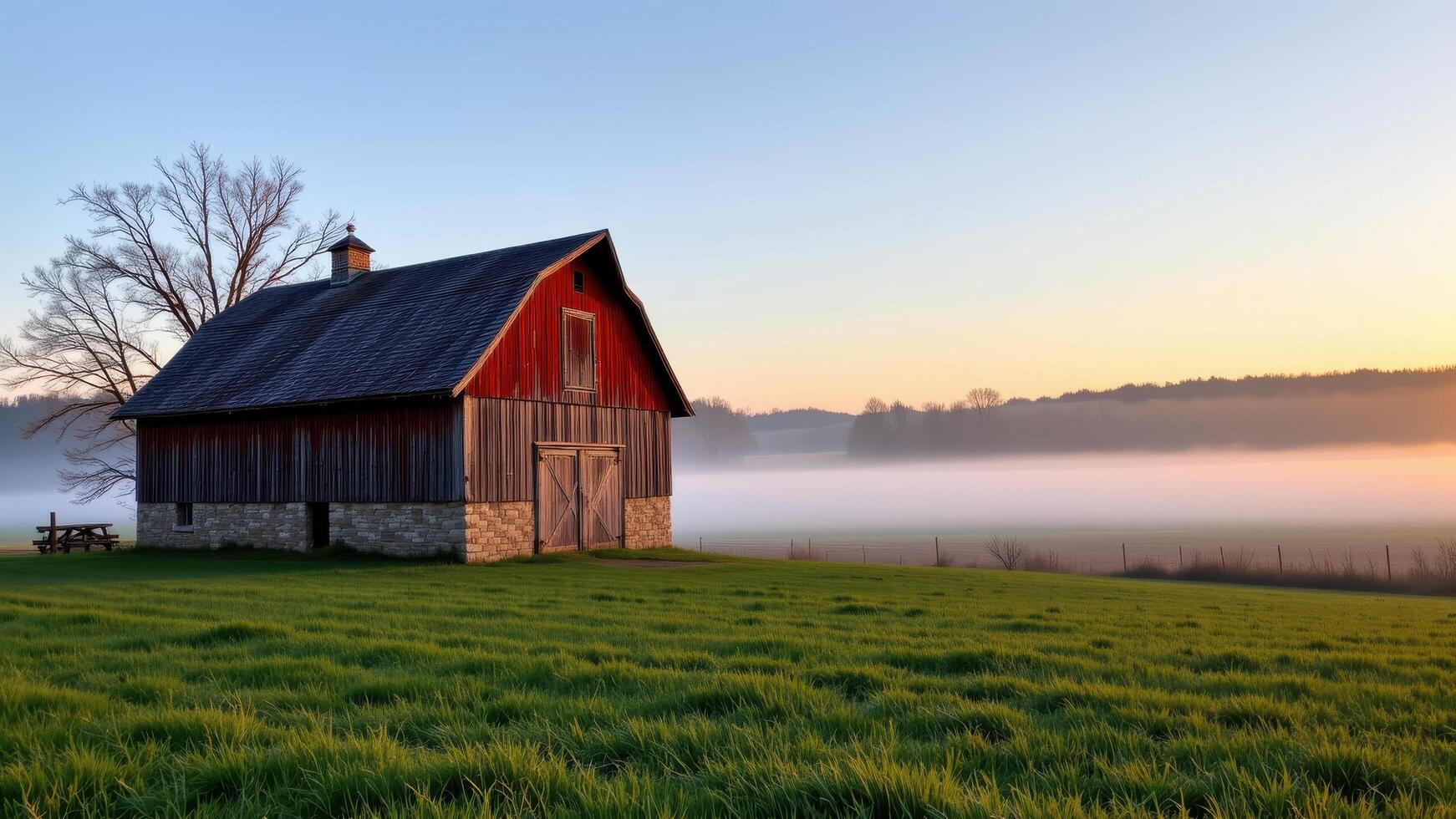 a rustic barn at sunrise, morning fog rolling off fields. photo