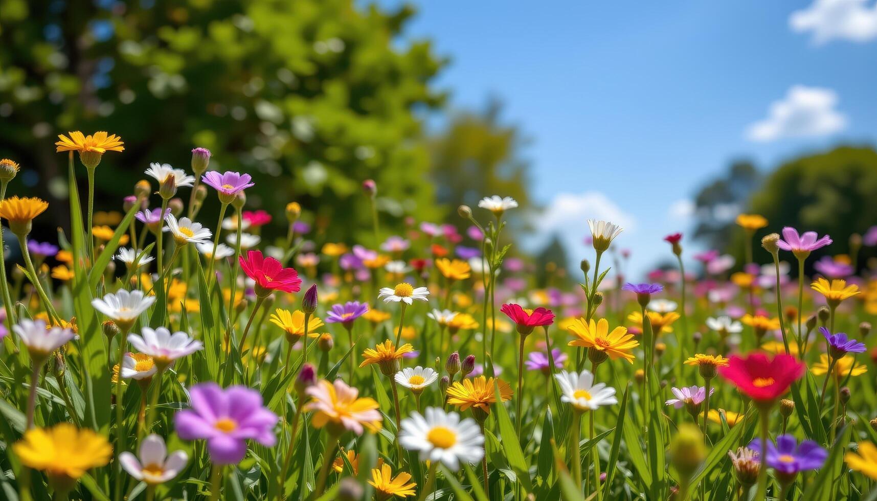 Bright bouquet of colorful flowers blooming in the meadow, nature's joyful expression photo