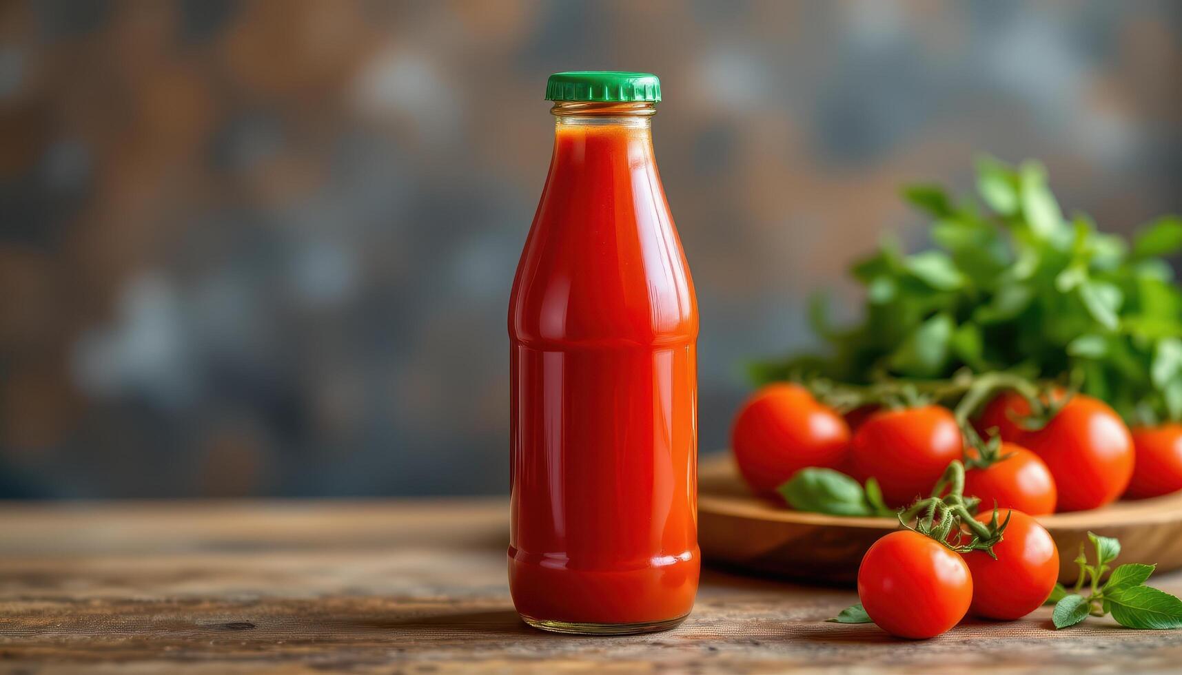 Bottle of tomato juice standing proudly on a table with fresh tomatoes in the background photo