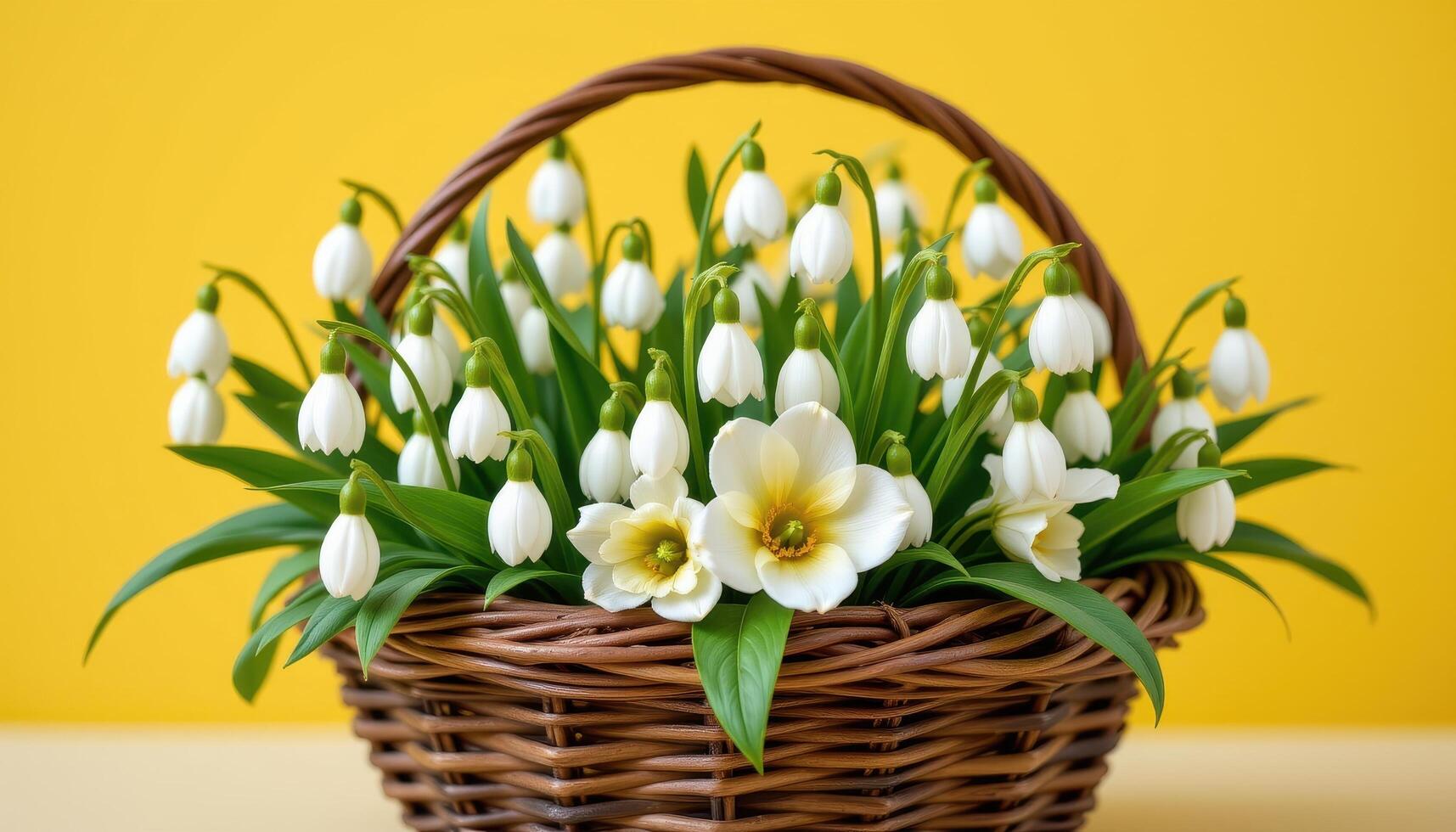 snowdrop flowers elegantly arranged in rustic woven basket against vibrant yellow background, cheerful spring floral composition photo
