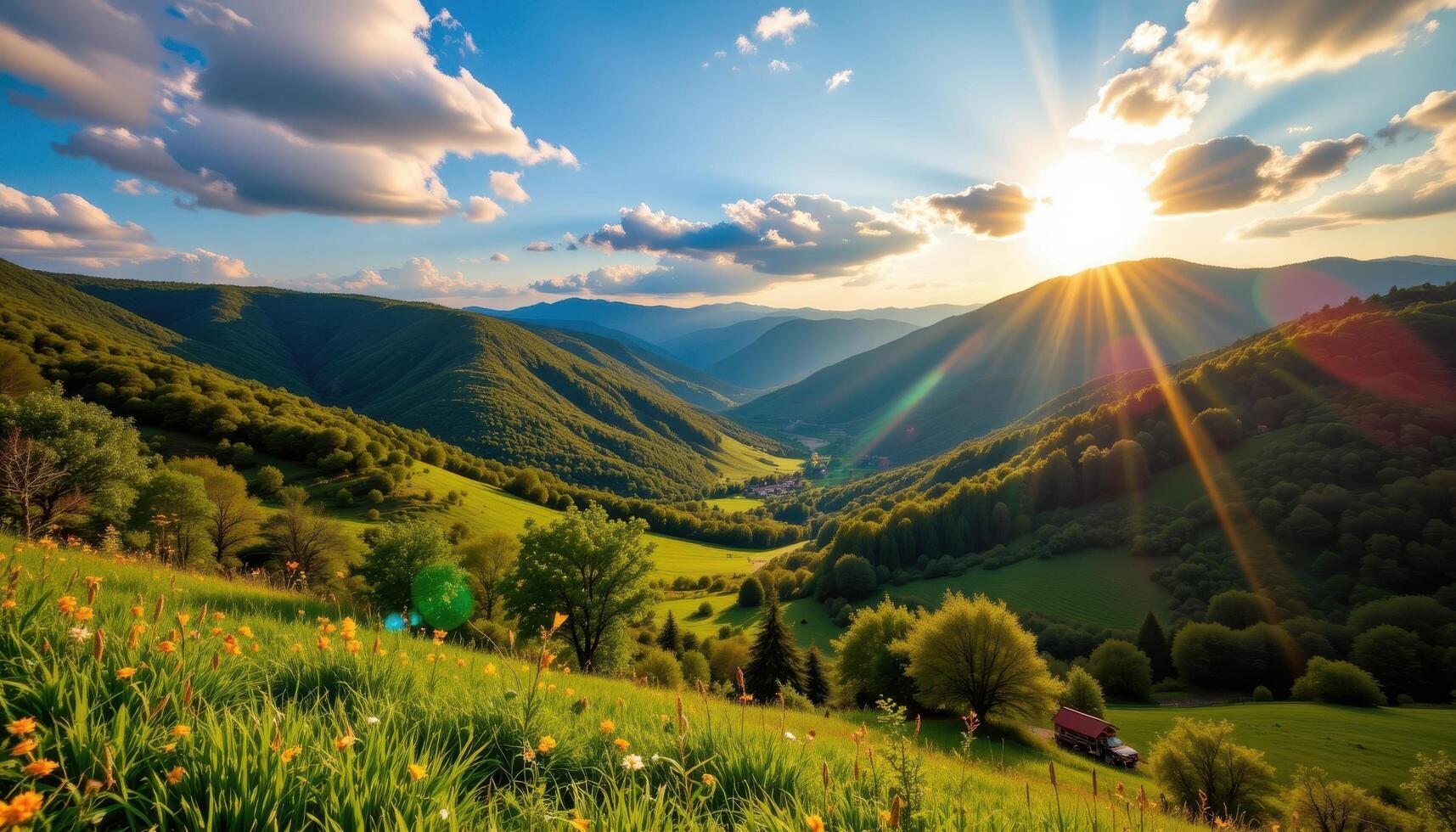 Vibrant nature scene with rays of sunlight casting golden glow over green hill valley, peaceful wide angle photo