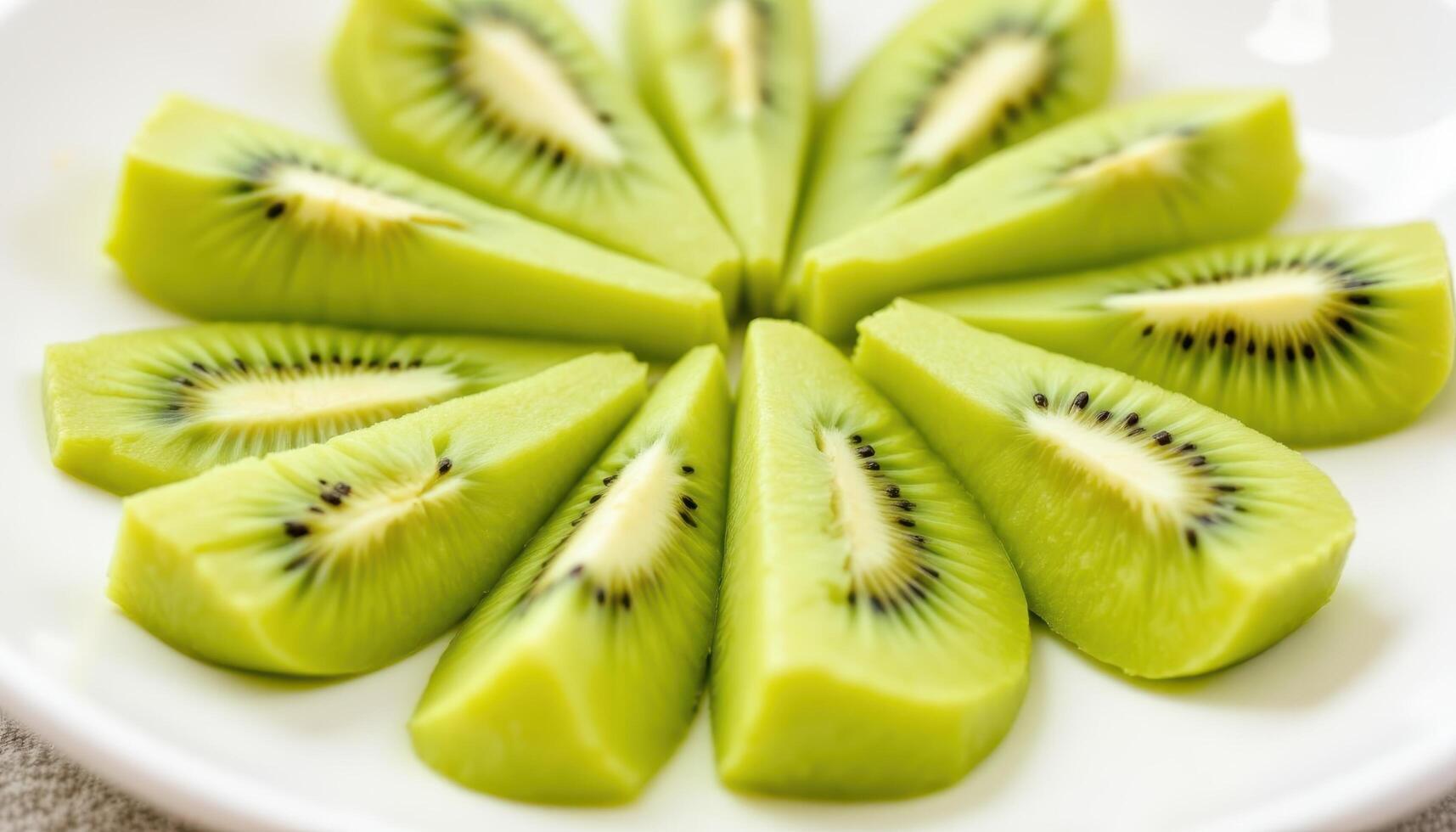 Slices of vibrant green kiwi arranged in a circular pattern on a white plate, background image photo. photo