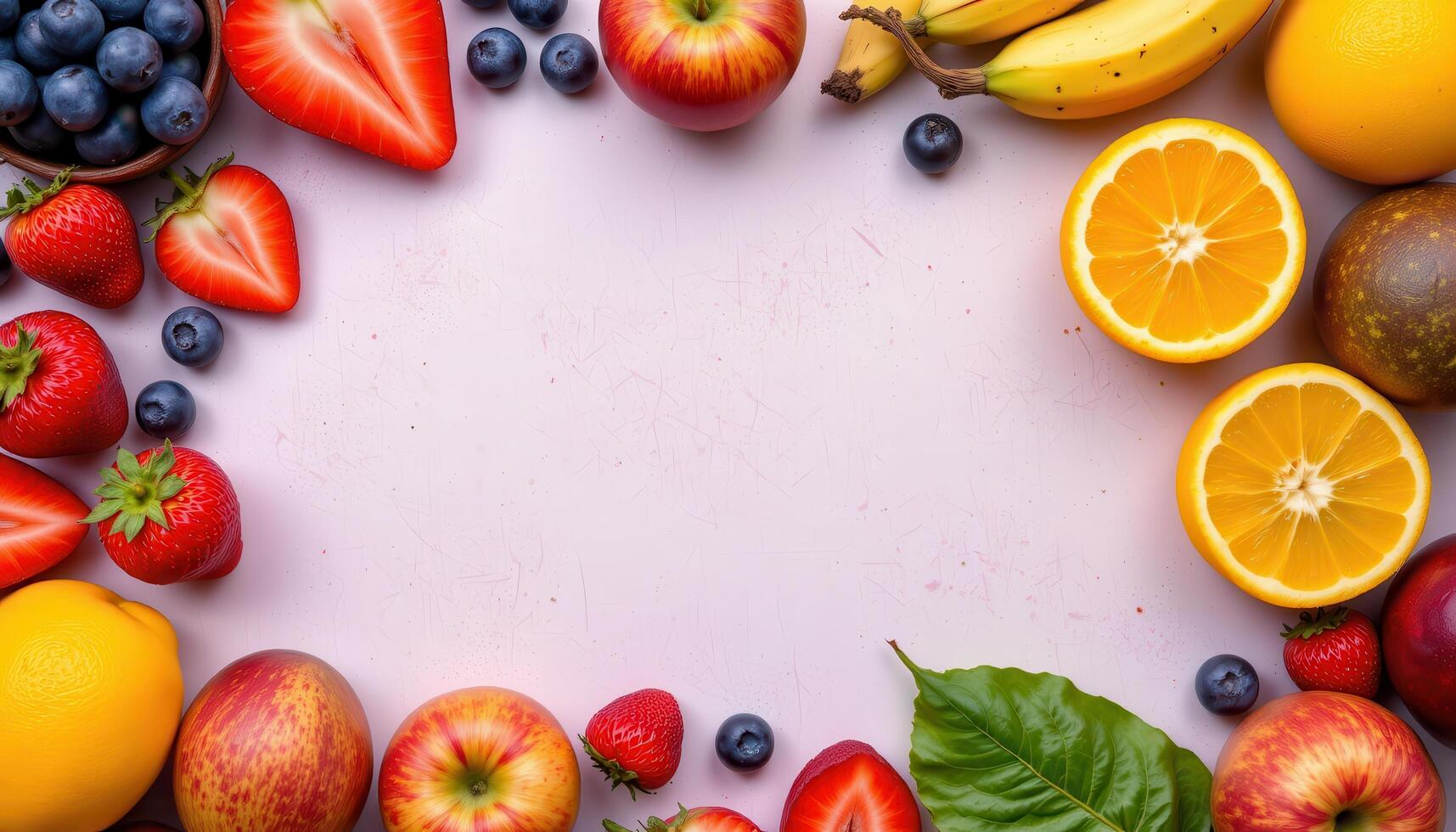 Top view of assorted fresh fruits on background with copy space, healthy lifestyle image photo