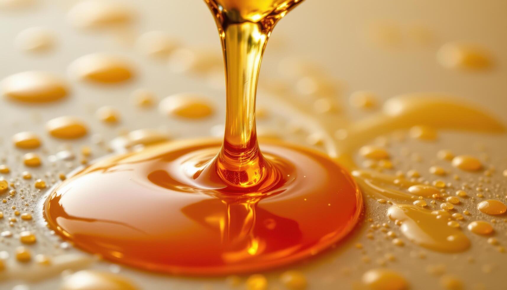 golden honey streaming and splashing across smooth surface, rich amber color, sweet liquid texture beautifully captured photo
