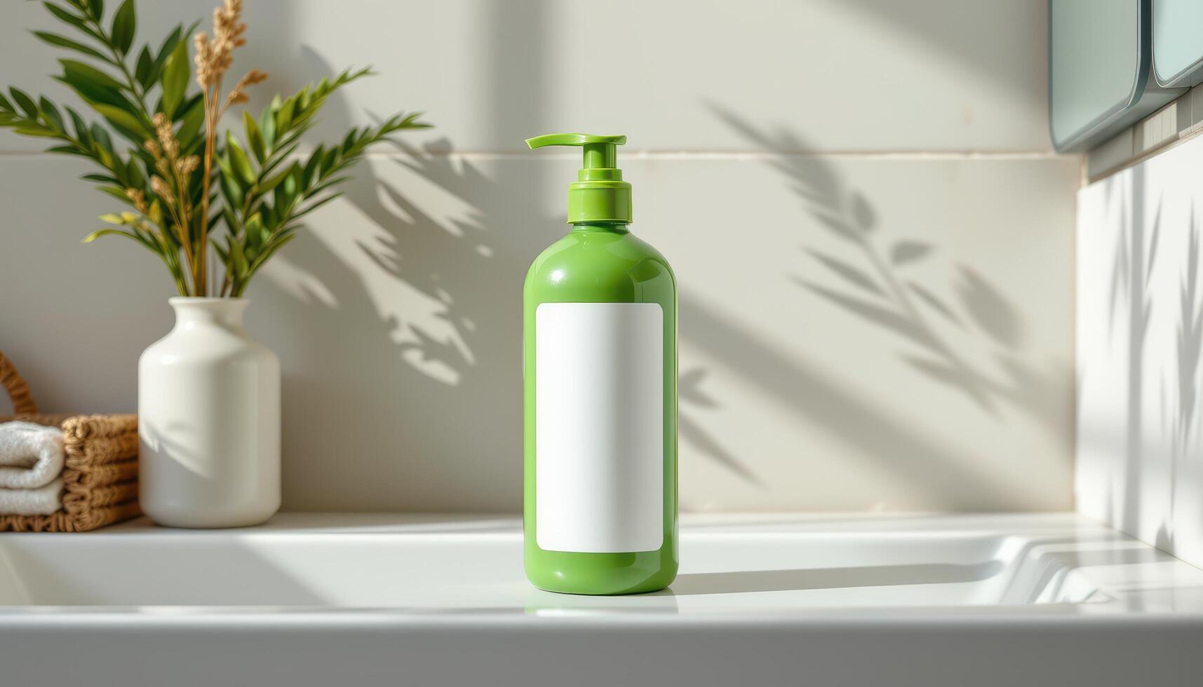 Green shampoo bottle mockup with blank label placed in a minimalist bathroom setup, perfect for eco friendly branding projects. photo