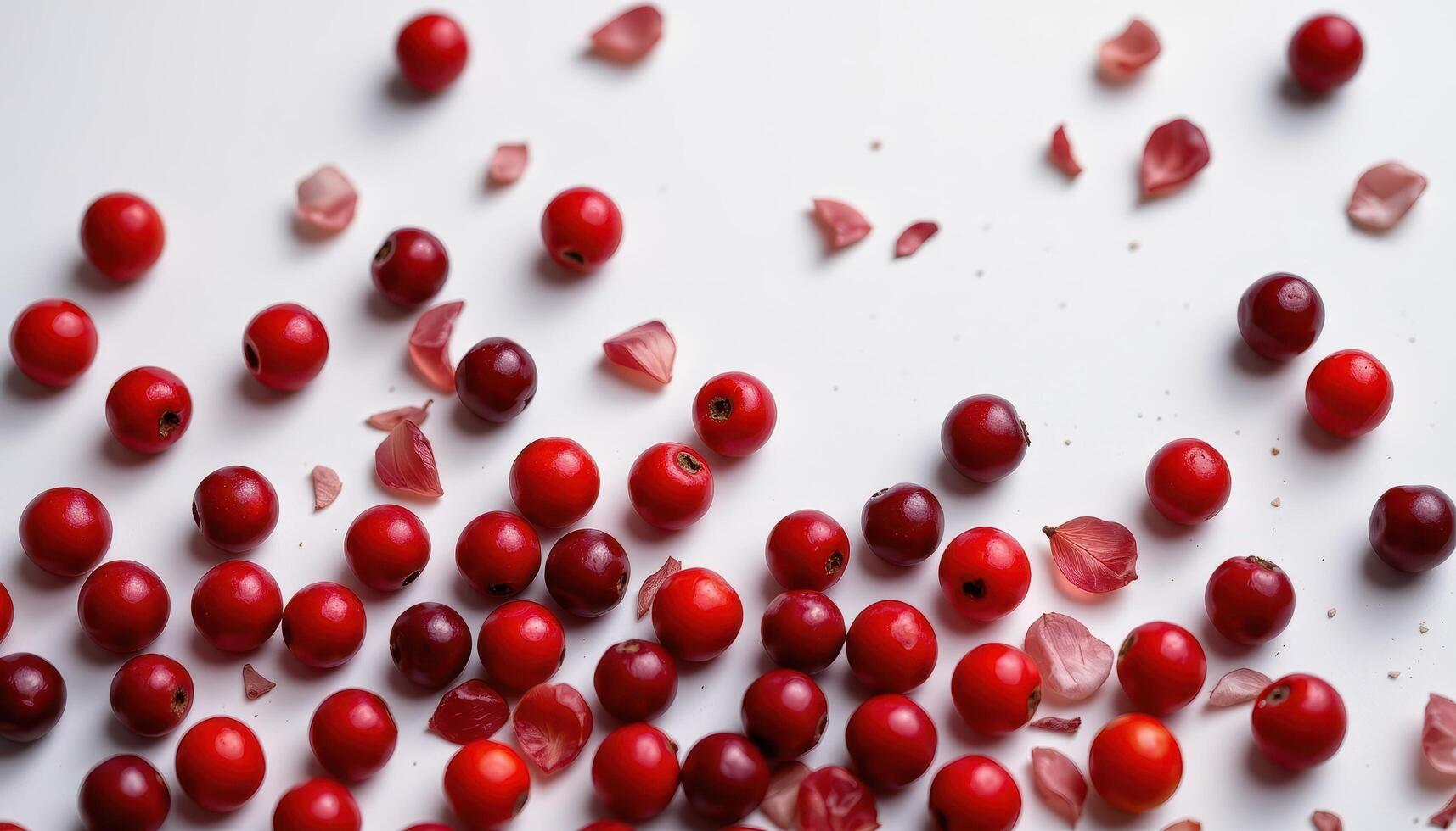 Cranberries scattered in a flat lay over light surface, glowing red against minimal background with high detail and sharp color photo