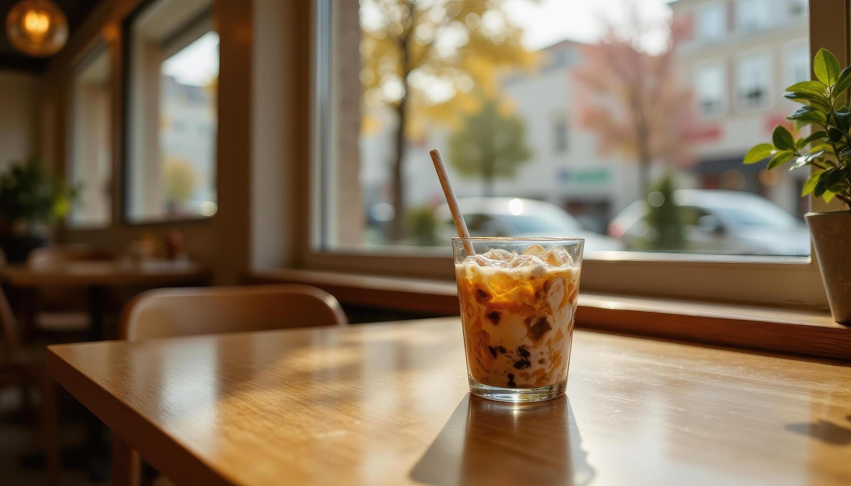 iced drink with animal print cup, cozy wood table, playful afternoon light photo