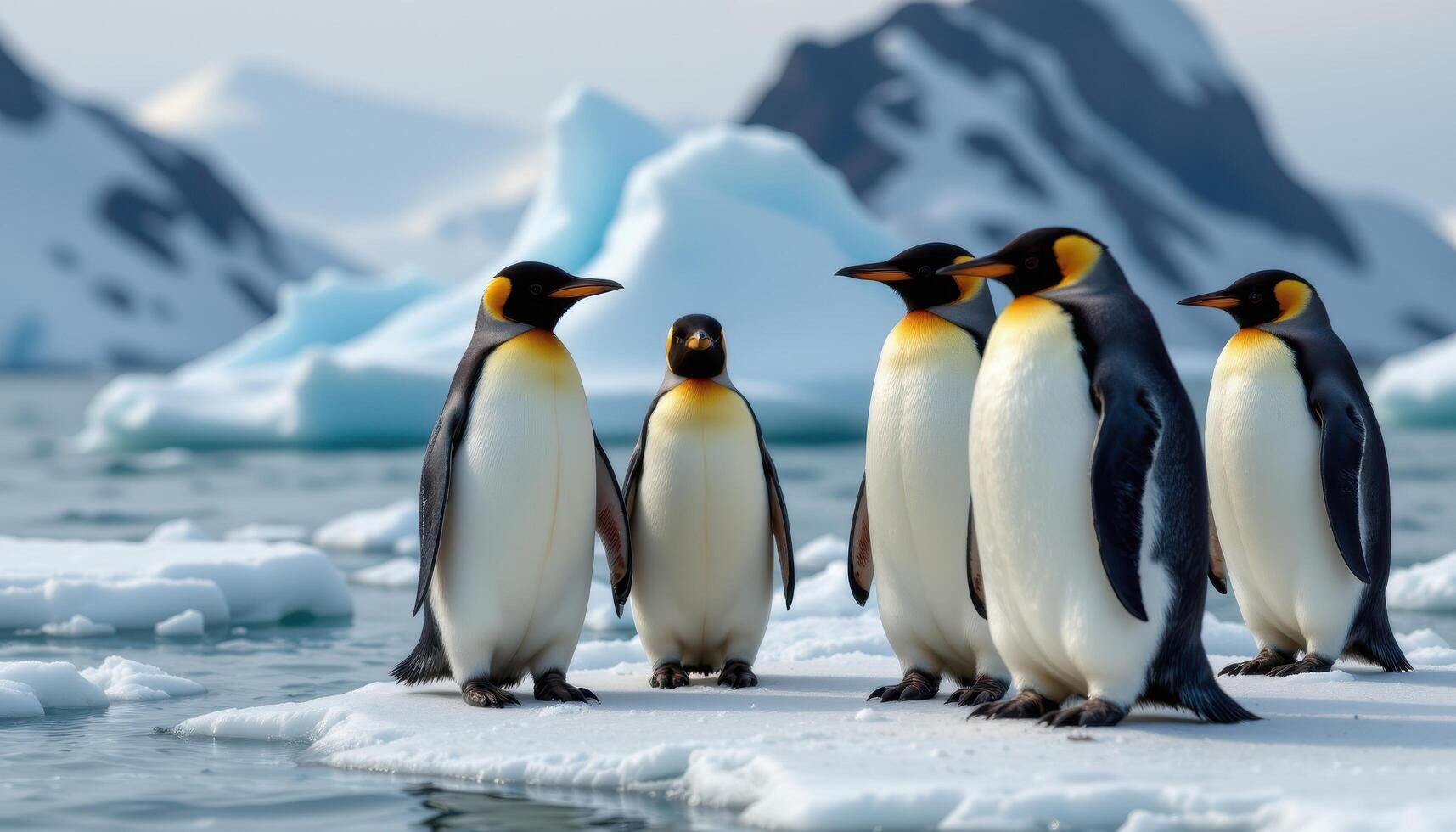 Group of penguins standing on melting iceberg, symbolic scene of climate change and arctic environment, created with photo. photo