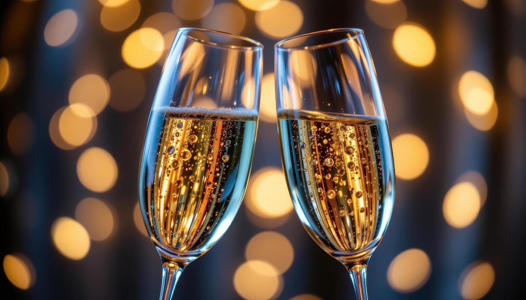 Elegant portrait of two champagne glasses toasting against soft bokeh lights photo