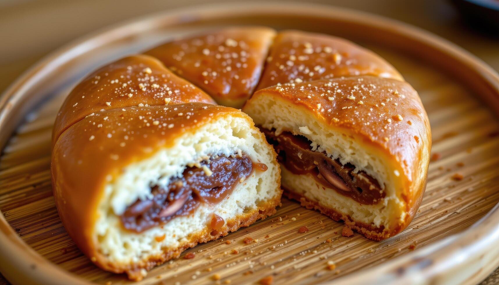 a japanese dorayaki sliced open to reveal a thick layer of red bean paste, presented on a bamboo tray. photo
