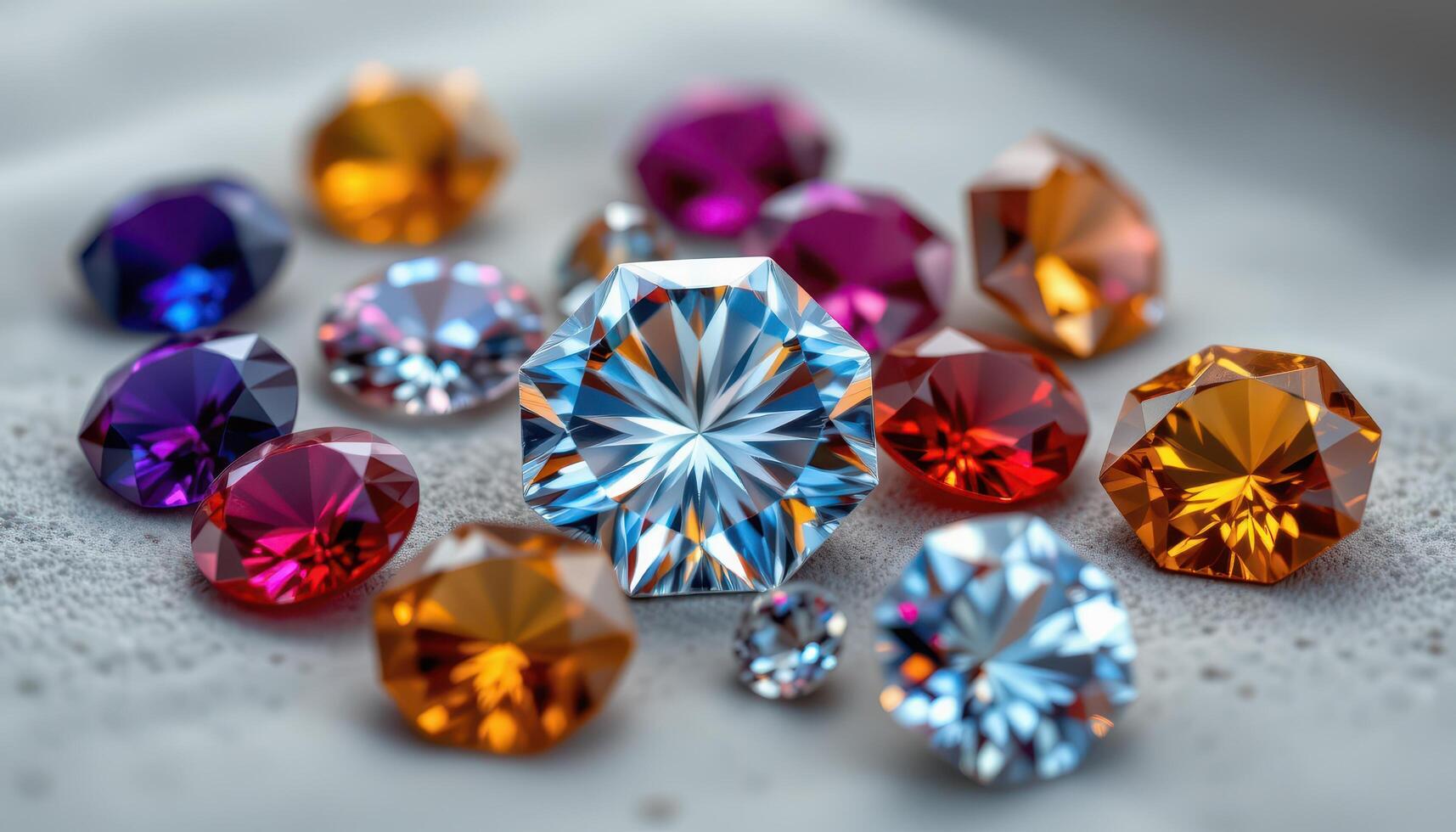 Shiny gemstone lying on neutral background, sharp light highlighting cuts and colors of the crystal in luxurious display, photo. photo